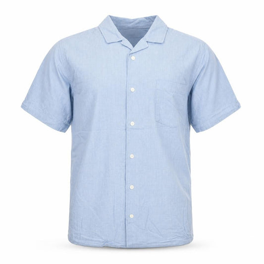 Front view of Easy Men’s Blue Linen Blend Short Sleeve Button-Up Shirt S