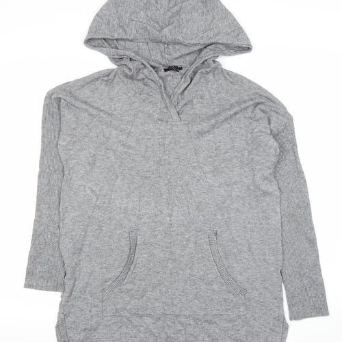 Cyrus Women’s Grey Knit Hooded Tunic Jumper Size M V-Neck Pockets