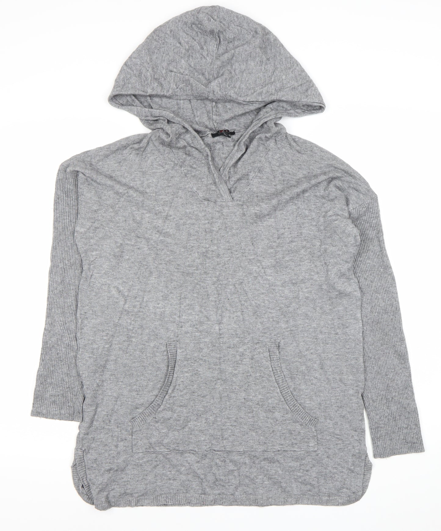 Cyrus Women’s Grey Knit Hooded Tunic Jumper Size M V-Neck Pockets