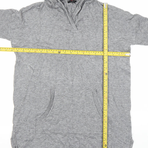 Cyrus Women’s Grey Knit Hooded Tunic Jumper Size M V-Neck Pockets