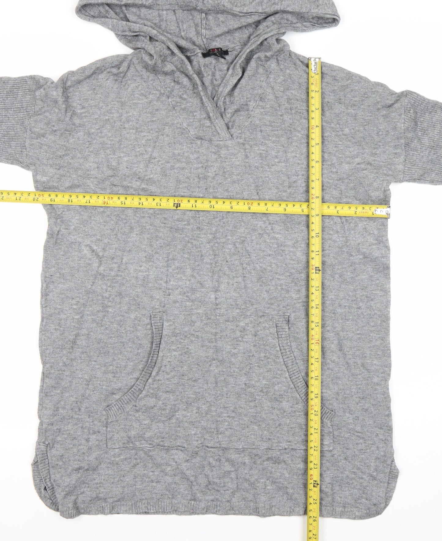 Cyrus Women’s Grey Knit Hooded Tunic Jumper Size M V-Neck Pockets