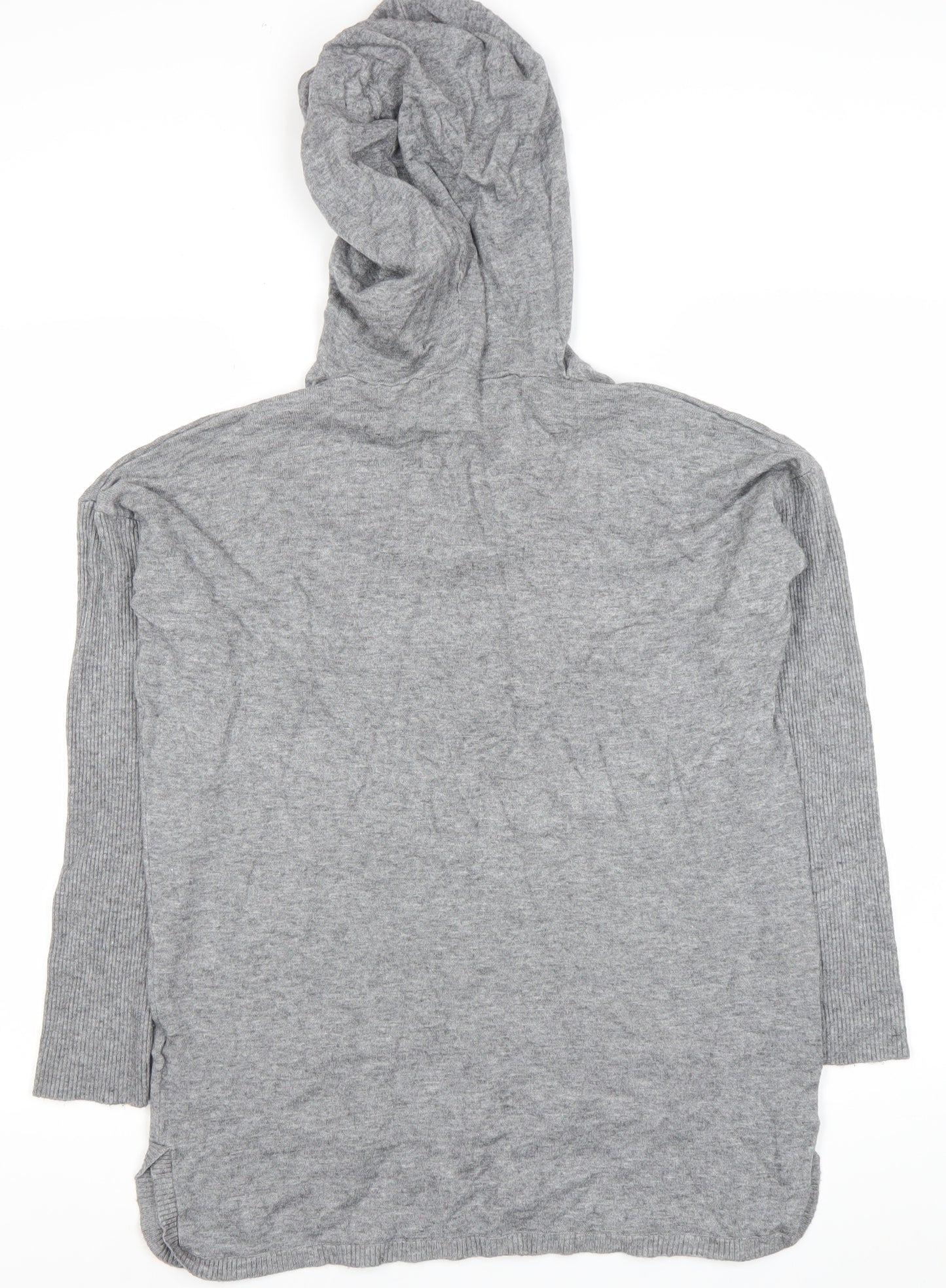 Cyrus Women’s Grey Knit Hooded Tunic Jumper Size M V-Neck Pockets
