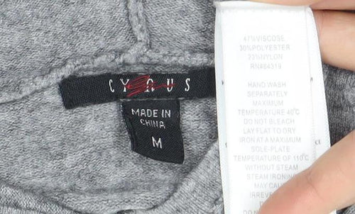 Cyrus Women’s Grey Knit Hooded Tunic Jumper Size M V-Neck Pockets