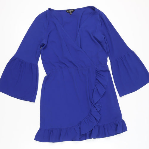 Miss Selfridge Womens Blue Wrap Dress Size 12 Ruffle Bell Sleeve