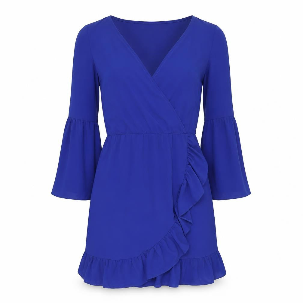 Miss Selfridge Womens Blue Wrap Dress Size 12 Ruffle Bell Sleeve