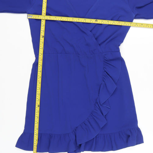 Miss Selfridge Womens Blue Wrap Dress Size 12 Ruffle Bell Sleeve