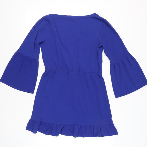 Miss Selfridge Womens Blue Wrap Dress Size 12 Ruffle Bell Sleeve