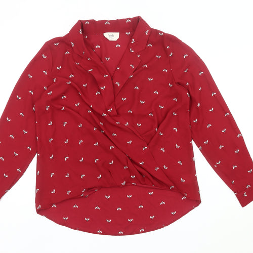 Hush Womens Red Bird Print Wrap Blouse Size 10 Long Sleeve