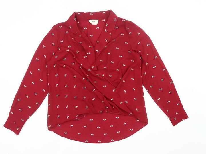 Hush Womens Red Bird Print Wrap Blouse Size 10 Long Sleeve