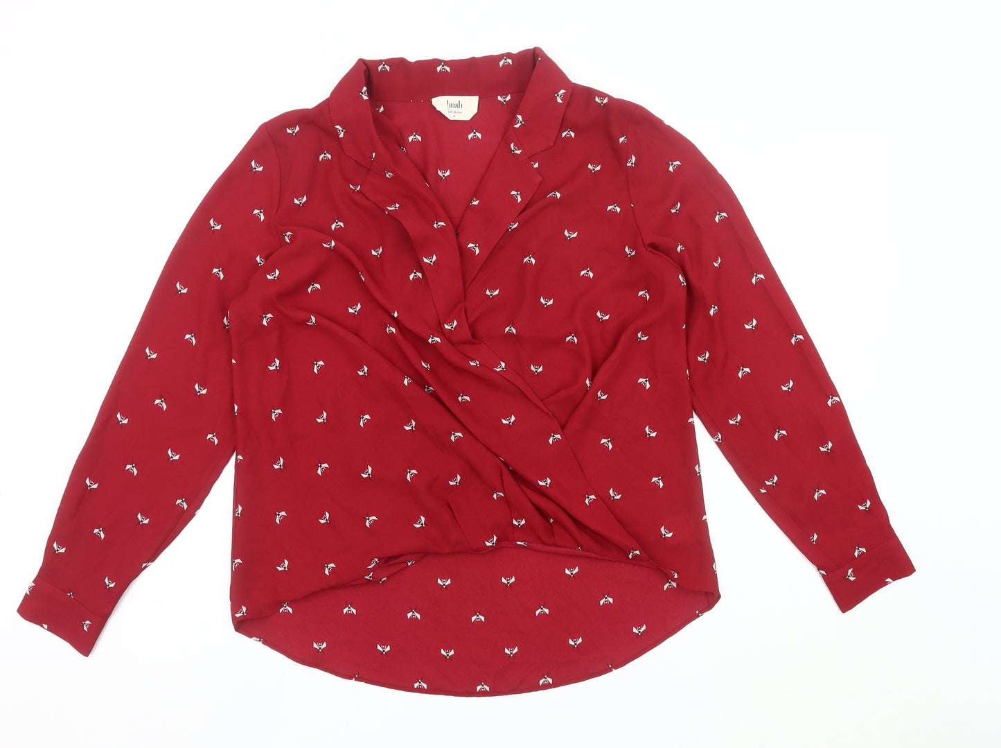 Hush Womens Red Bird Print Wrap Blouse Size 10 Long Sleeve