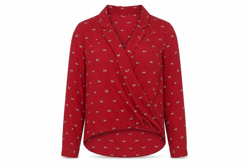 Front view of Hush women’s red bird print wrap blouse, size UK 10, long sleeve