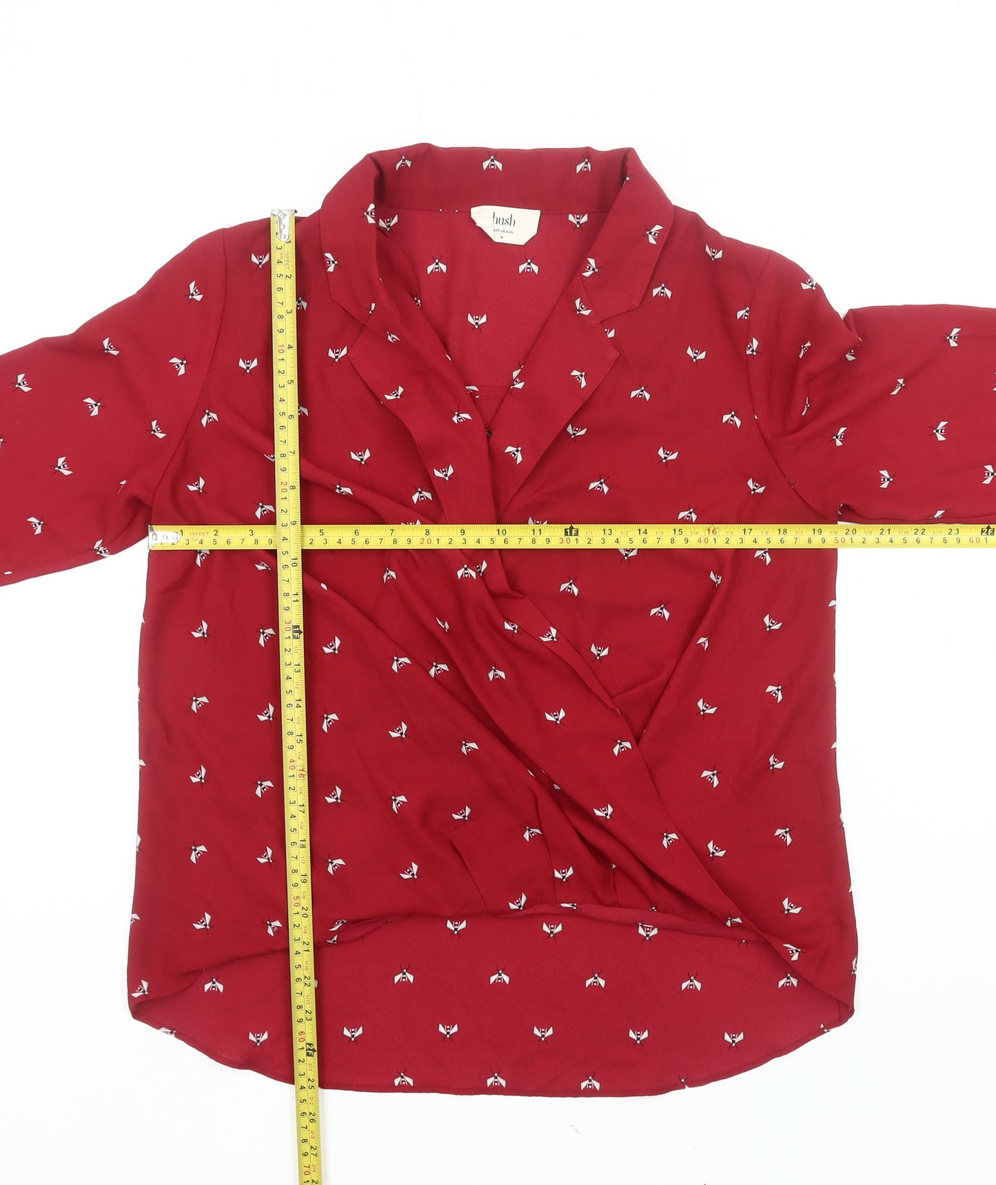 Hush Womens Red Bird Print Wrap Blouse Size 10 Long Sleeve