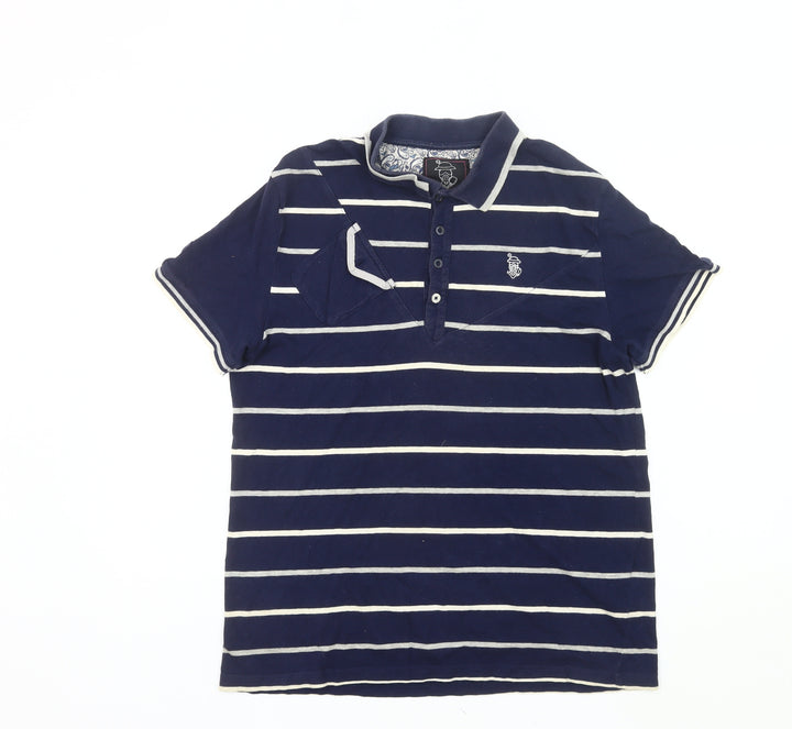 Nanny State Mens Blue Striped Polo Shirt Size L Cotton Short Sleeve