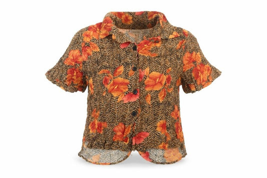 Front view of White Stag women’s brown floral rayon button-up shirt, size UK 14