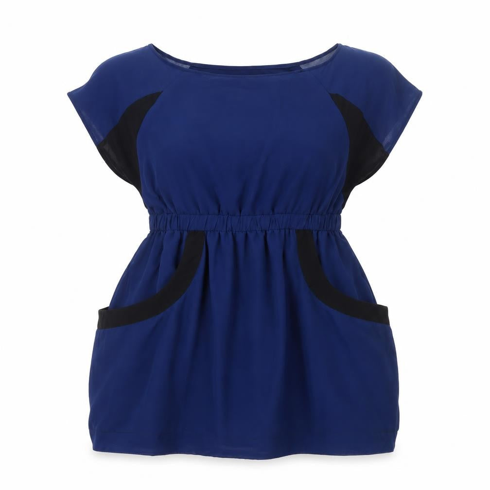Front view of Harper Women’s Blue Tunic Blouse, size UK 12, Colourblock Cap Sleeve