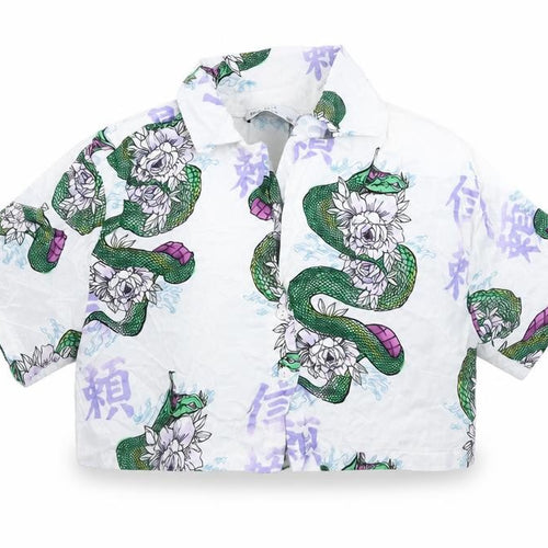 Bershka Womens White Snake Floral Cropped Blouse Size 8