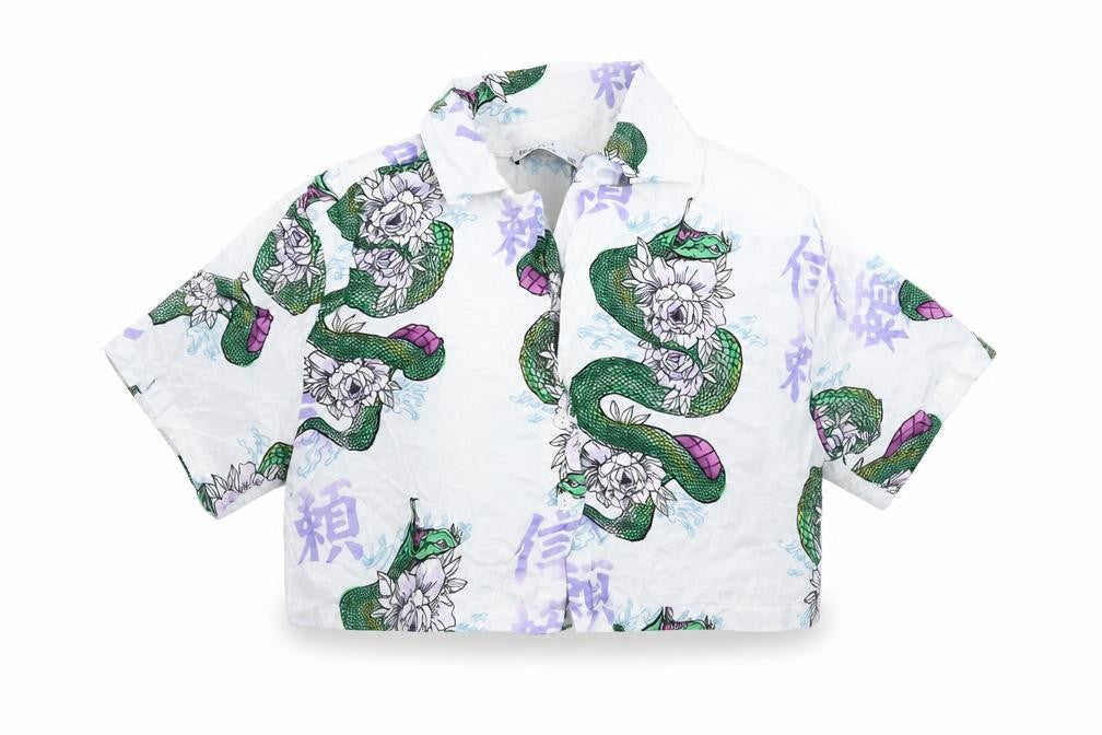 Bershka Womens White Snake Floral Cropped Blouse Size 8