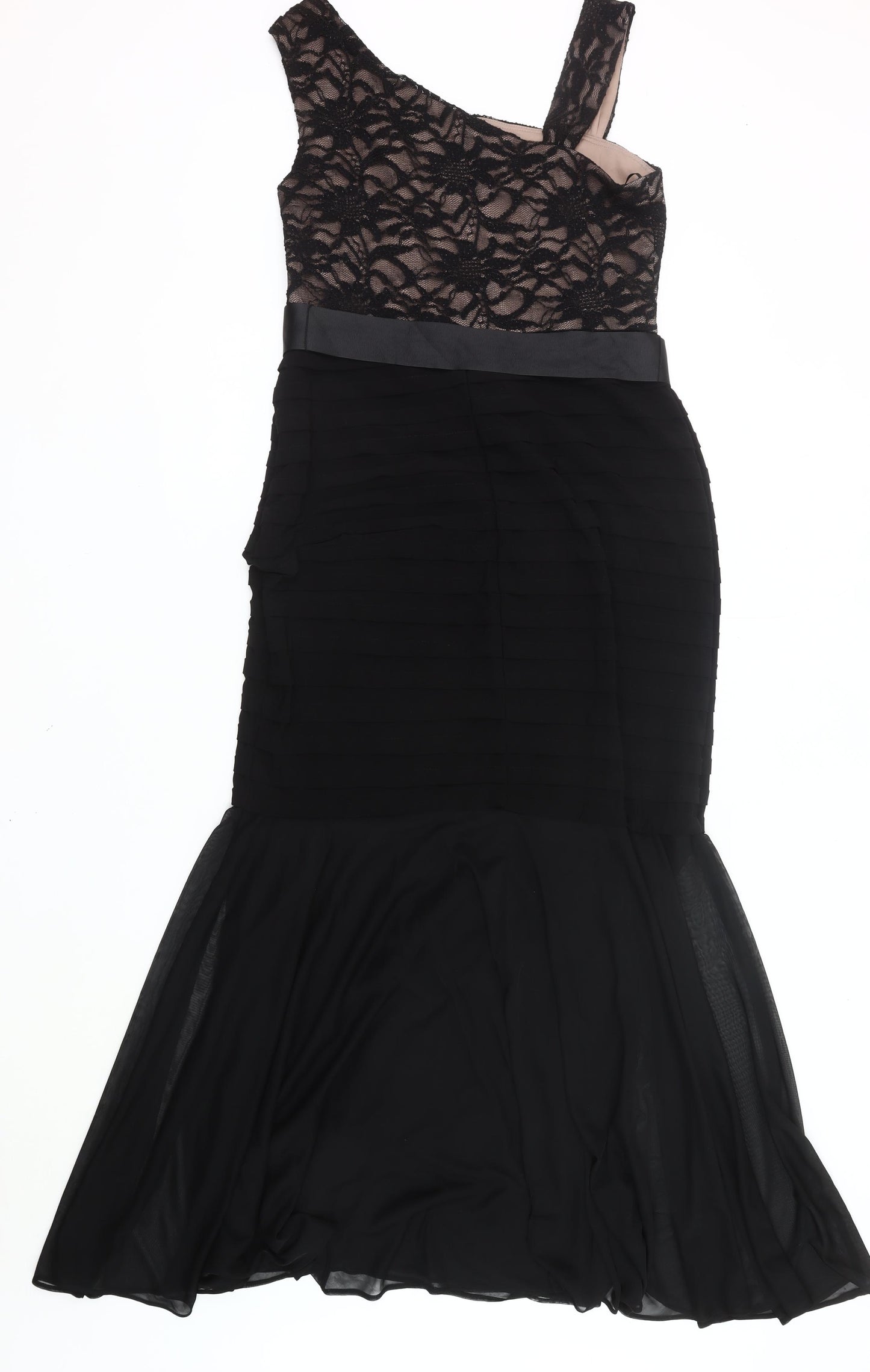 R&M Richards Women Black Lace One Shoulder Midi Mermaid Dress Size 12