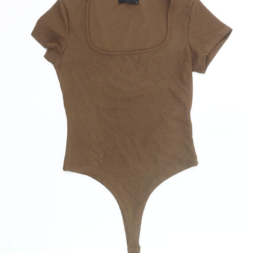 Cider Women Brown Bodysuit L Knit Square Neck Stretch Slim Fit