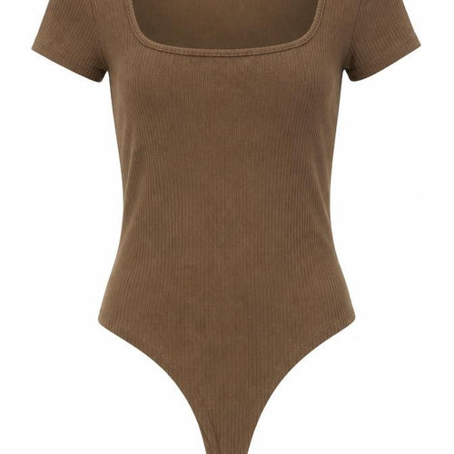 Cider Women Brown Bodysuit L Knit Square Neck Stretch Slim Fit