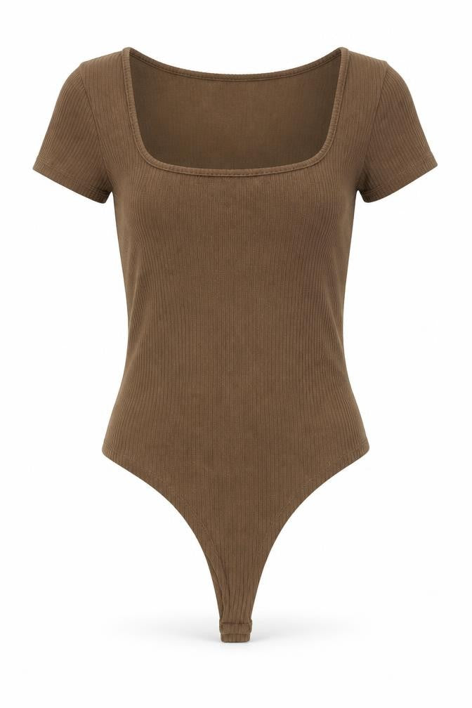 Cider Women Brown Bodysuit L Knit Square Neck Stretch Slim Fit