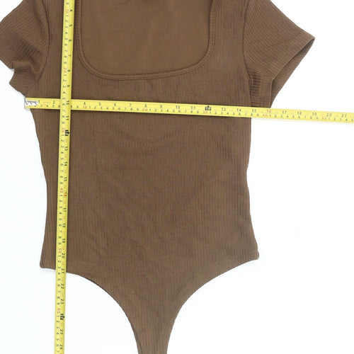 Cider Women Brown Bodysuit L Knit Square Neck Stretch Slim Fit
