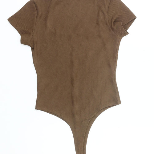 Cider Women Brown Bodysuit L Knit Square Neck Stretch Slim Fit