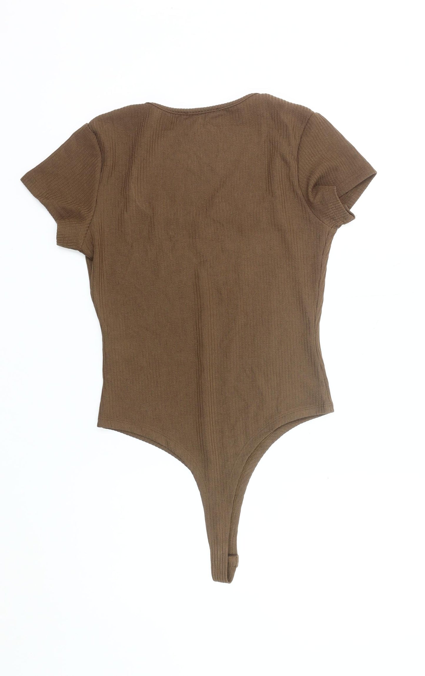 Cider Women Brown Bodysuit L Knit Square Neck Stretch Slim Fit