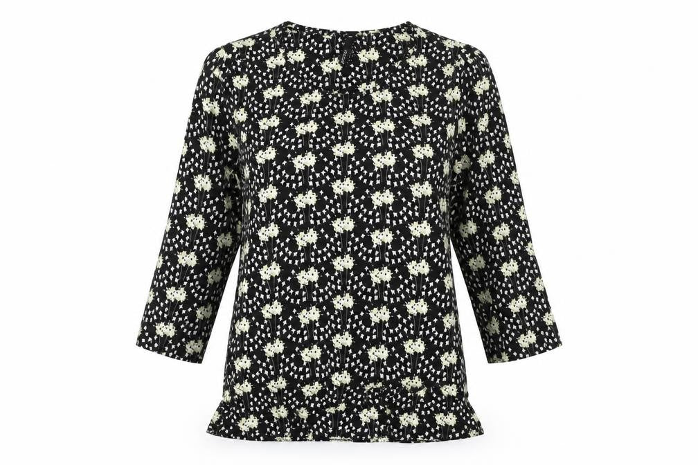 Next Womens Black Floral Tunic Blouse Size 10 3/4 Sleeve Viscose