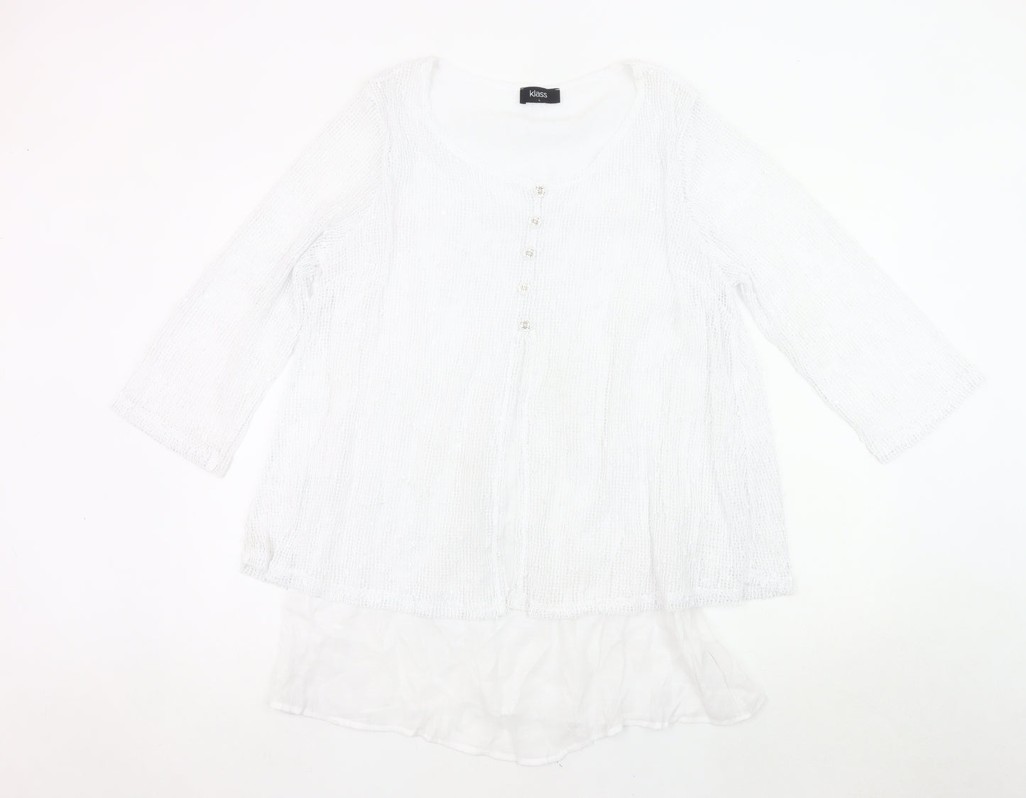 Klass Womens White Tunic Blouse L 3/4 Sleeve Lightweight Knit