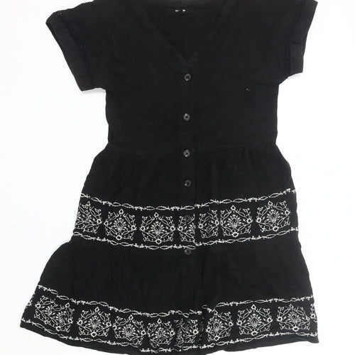 Next Womens Black Embroidered Linen Blend Shirt Dress Size 10