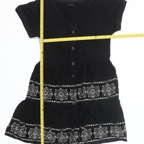 Next Womens Black Embroidered Linen Blend Shirt Dress Size 10