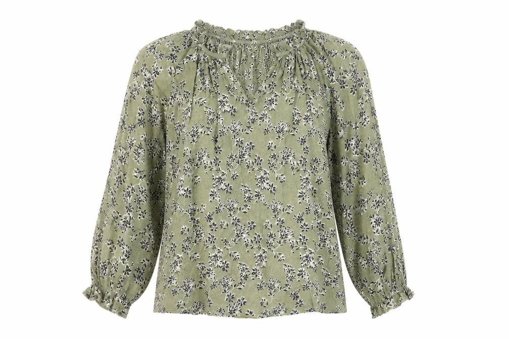 Front view of Part Two women’s green floral viscose blouse, size UK 6, tunic style