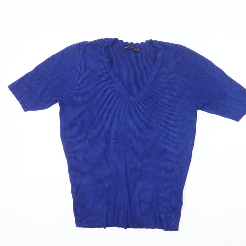 Marks and Spencer Women’s Blue V-Neck Short Sleeve Knit Jumper Size L