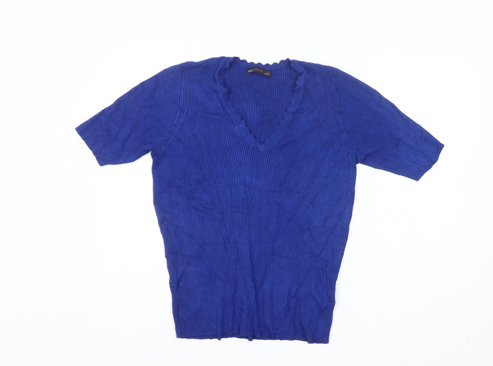 Marks and Spencer Women’s Blue V-Neck Short Sleeve Knit Jumper Size L