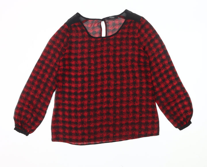 George Womens Red Black Check Tunic Blouse Size 10 Long Sleeve