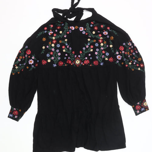ASOS Women Black Floral Embroidered Shift Dress Size 10 Halter Neck