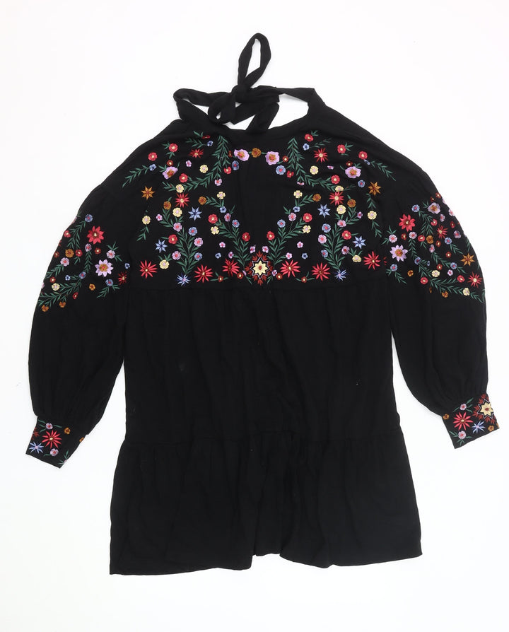 ASOS Women Black Floral Embroidered Shift Dress Size 10 Halter Neck