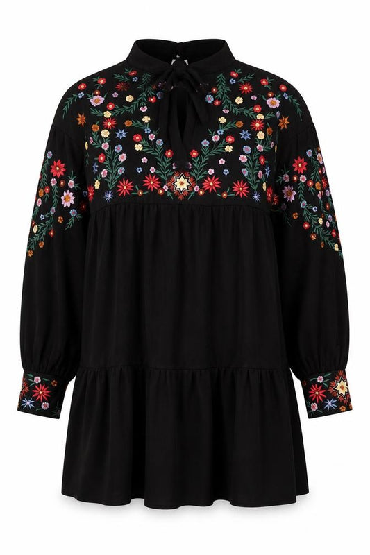 Front view of ASOS Women Black Floral Embroidered Shift Dress, size 10, Halter Neck