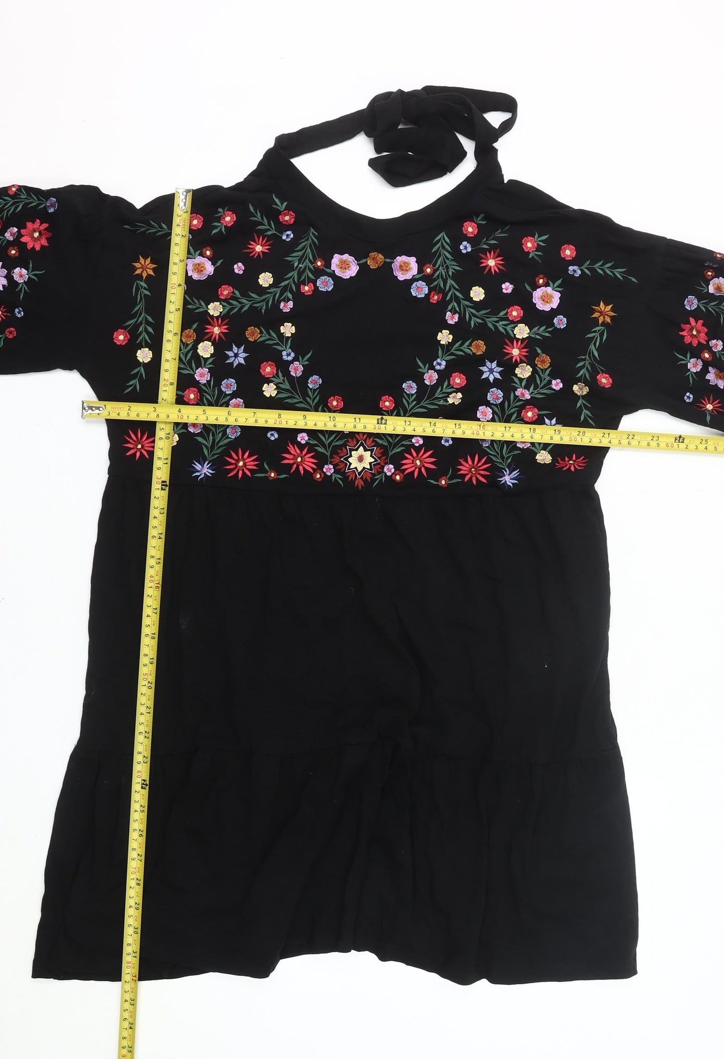 ASOS Women Black Floral Embroidered Shift Dress Size 10 Halter Neck