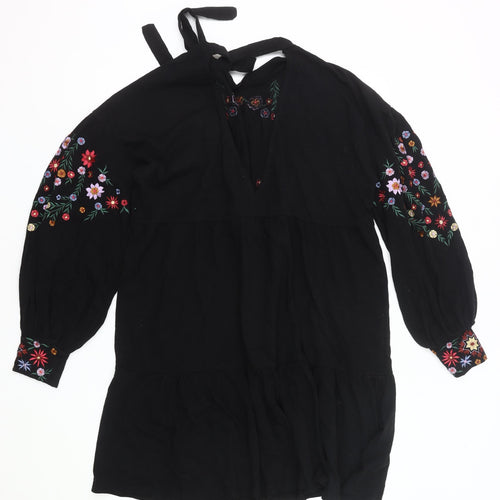 ASOS Women Black Floral Embroidered Shift Dress Size 10 Halter Neck