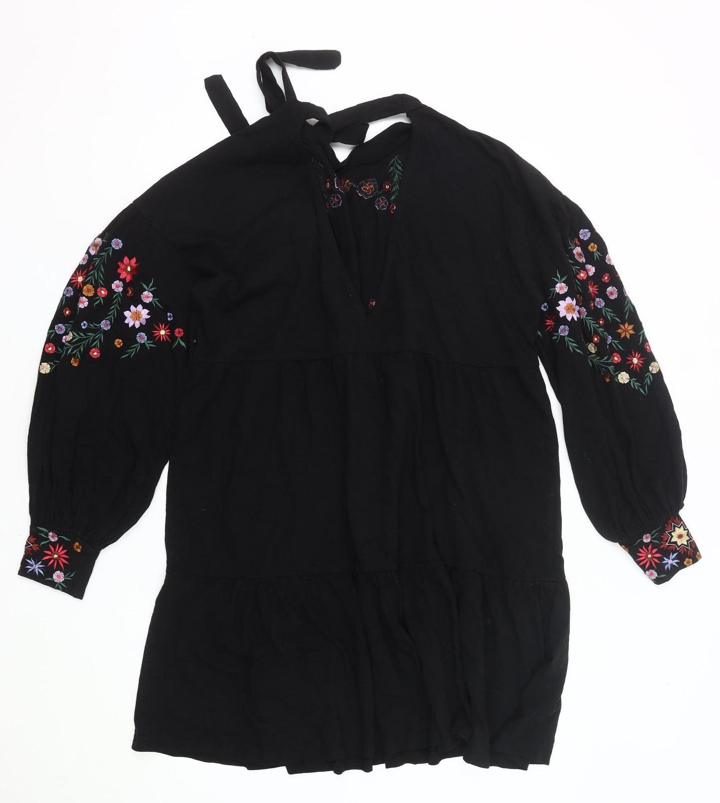 ASOS Women Black Floral Embroidered Shift Dress Size 10 Halter Neck