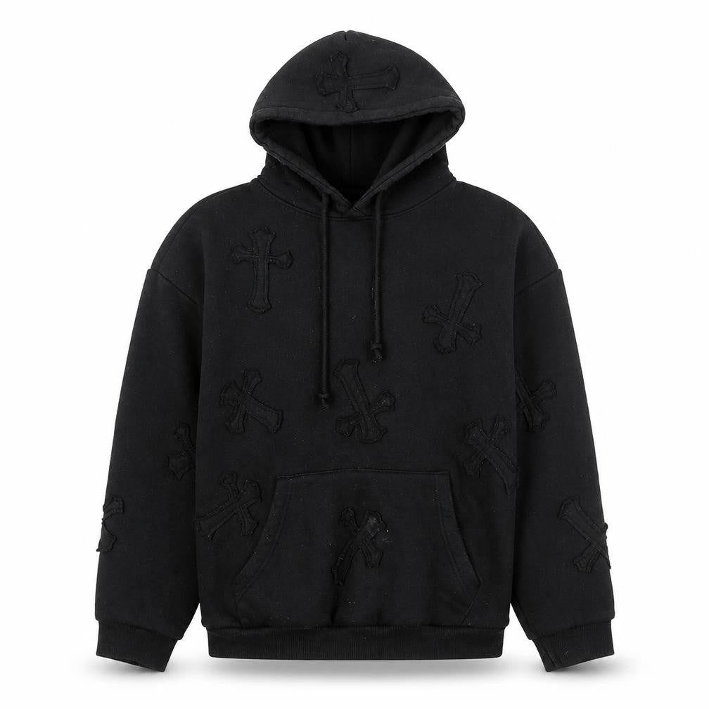 EGO Women’s Black Hoodie UK 8 Gothic Cross Embroidered Pullover