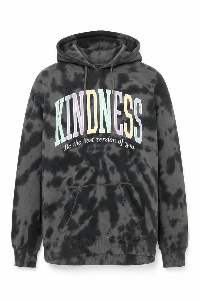 Front view of Hollister unisex grey tie dye pullover hoodie s kindness graphic