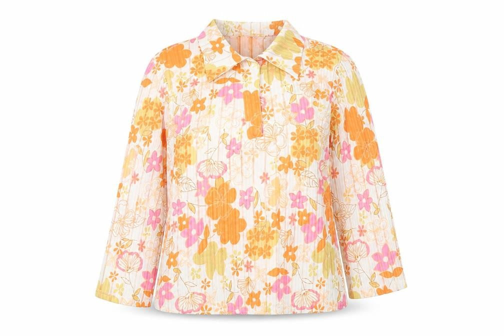 Front view of Shouwei women’s multicoloured floral collared blouse m long sleeve cotton blend
