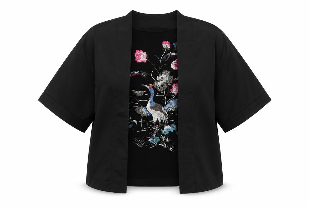Front view of New Look women’s black embroidered kimono blouse, size UK 8