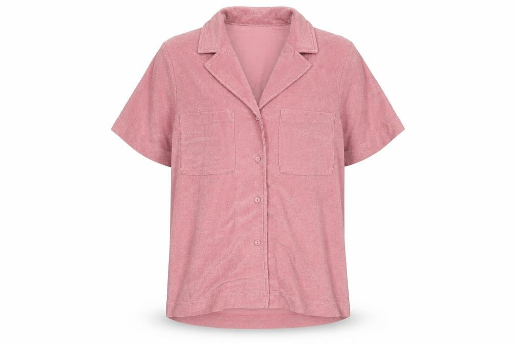 Front view of Never Fully Dressed Women’s Pink Button-Up Shirt, size S, Short Sleeve