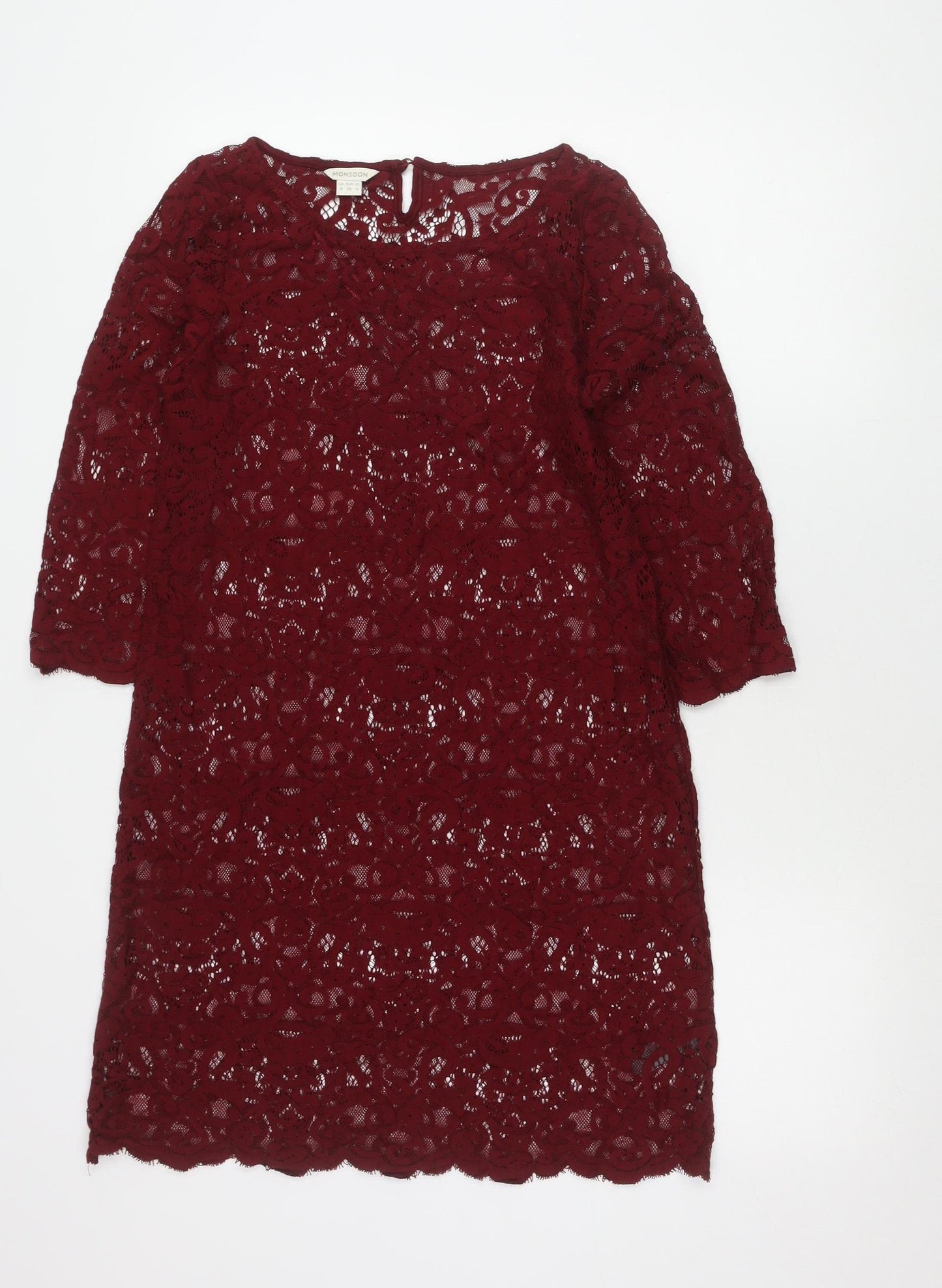 Monsoon Women’s Red Lace Shift Dress UK 8 Knee Length 3/4 Sleeve