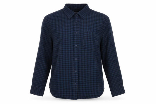 Front view of J.Crew Women’s Blue Check Button-Up Shirt, size M, Long Sleeve Cotton Blend