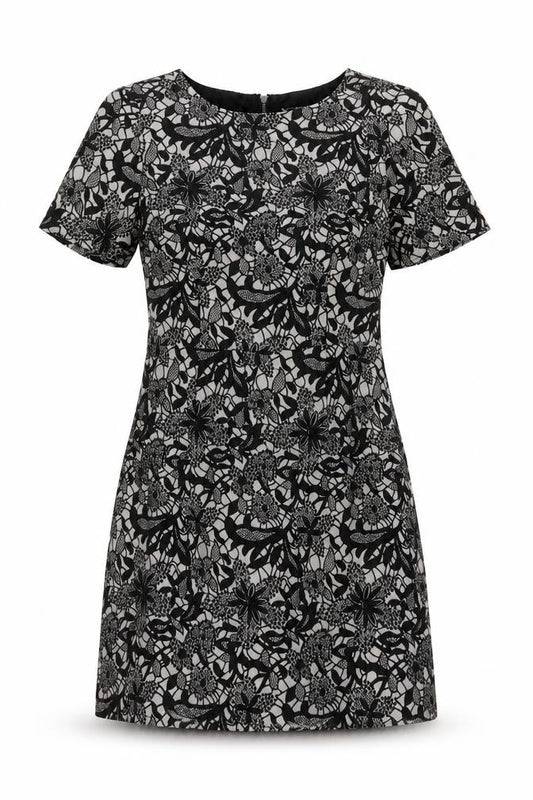 Front view of Oasis Women’s Black Floral Lace Shift Dress, size UK 10, Short Sleeve